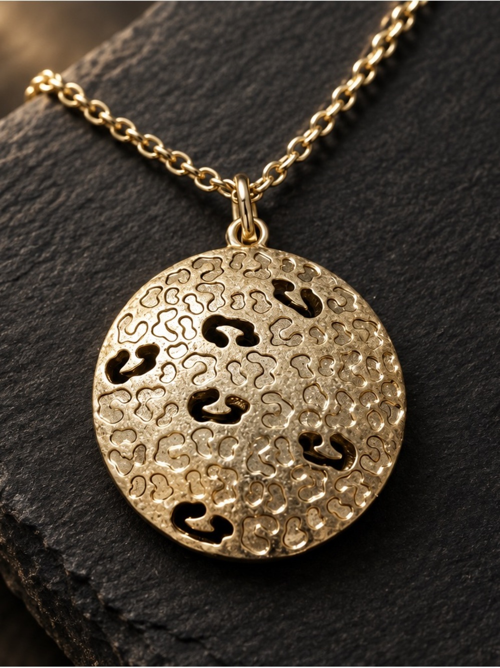 Avon Gold Textured Leopard Cutout Disc Necklace